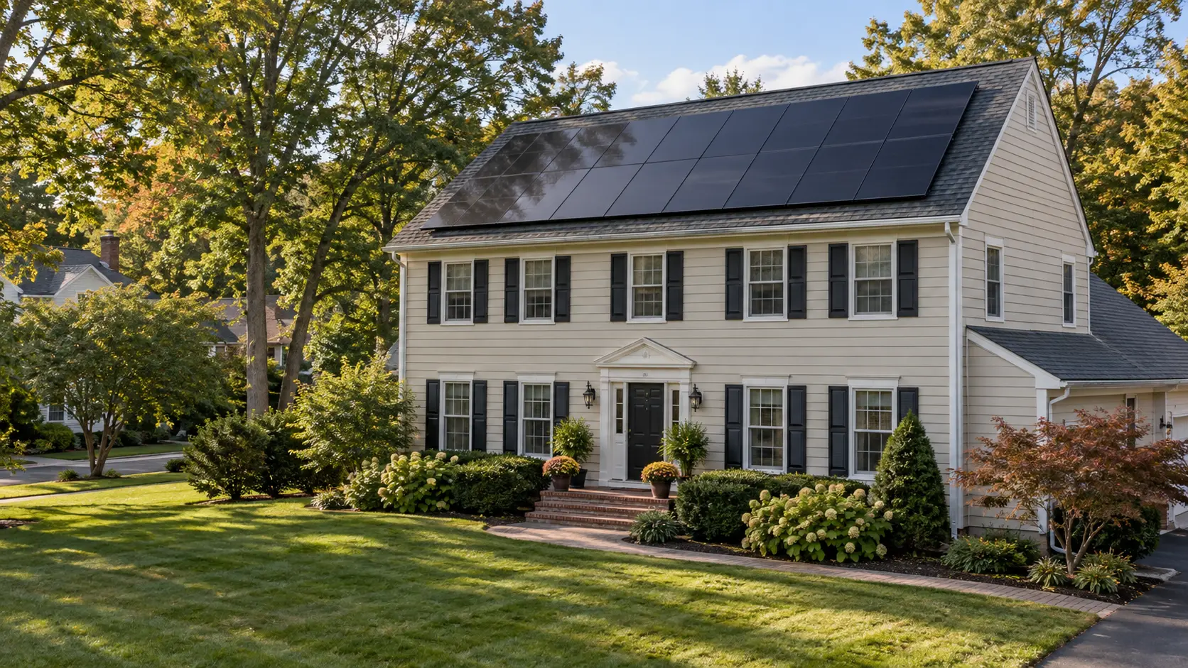 Representative New Jersey-style Colonial home with rooftop solar panels